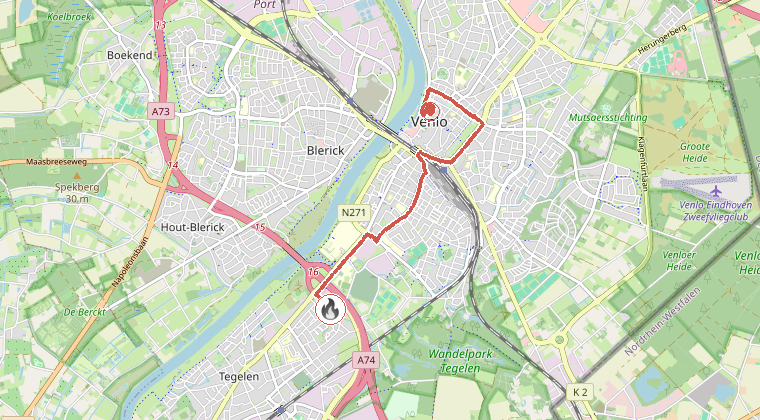 Kaart van de omgeving van de melding, met de kazerne die is gealarmeerd