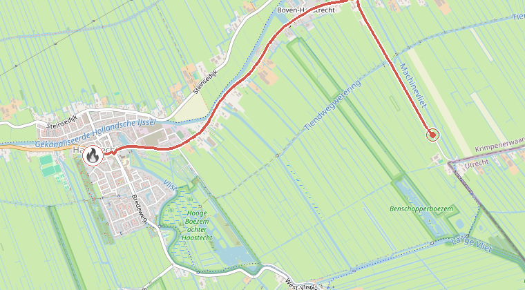 Kaart van de omgeving van de melding, met de kazerne die is gealarmeerd