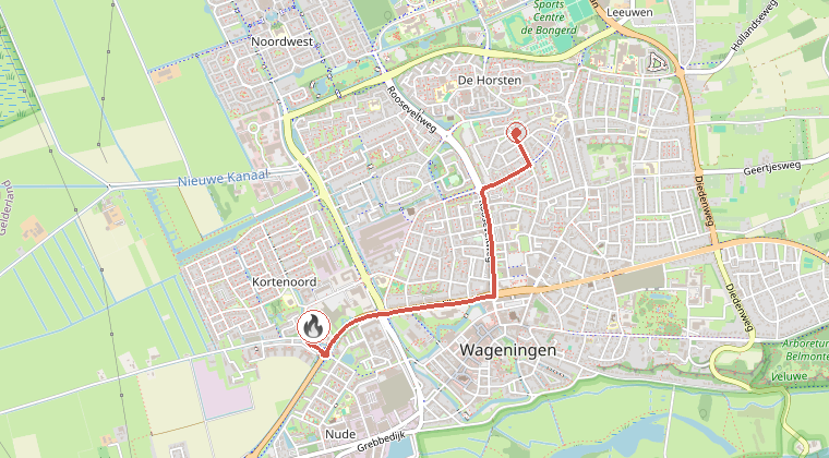 Kaart van de omgeving van de melding, met de kazerne die is gealarmeerd