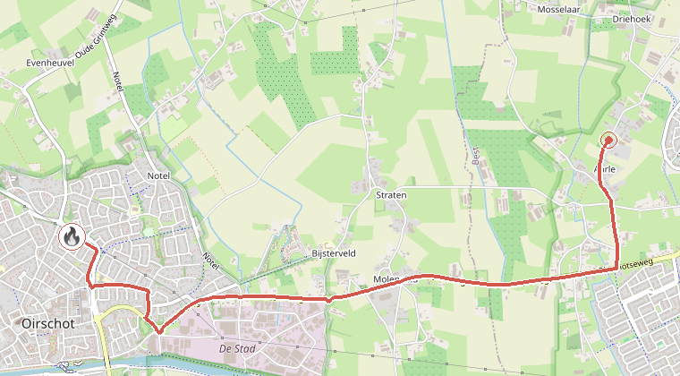 Kaart van de omgeving van de melding, met de kazerne die is gealarmeerd