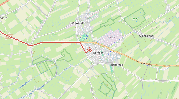 Kaart van de omgeving van de melding, met de kazerne die is gealarmeerd