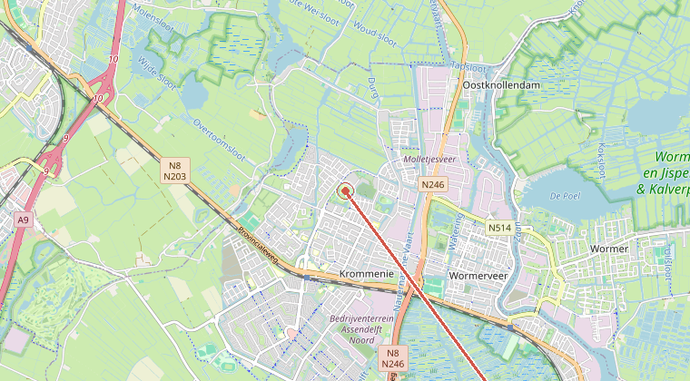 Kaart van de omgeving van de melding, met de kazerne die is gealarmeerd