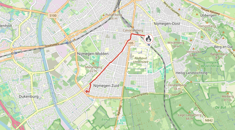 Kaart van de omgeving van de melding, met de kazerne die is gealarmeerd