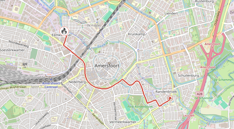 Kaart van de omgeving van de melding, met de kazerne die is gealarmeerd