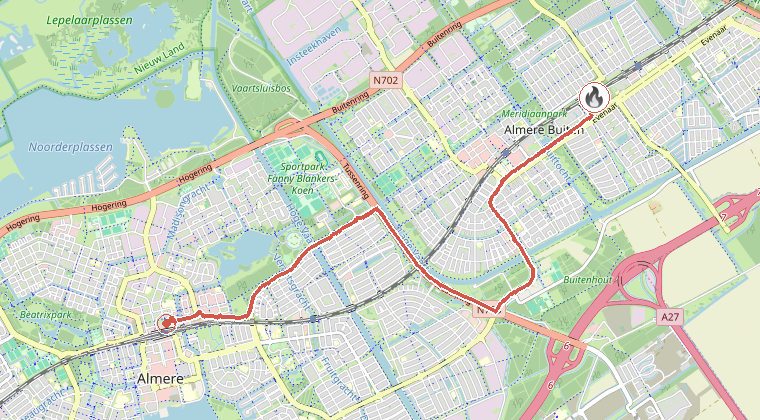 Kaart van de omgeving van de melding, met de kazerne die is gealarmeerd