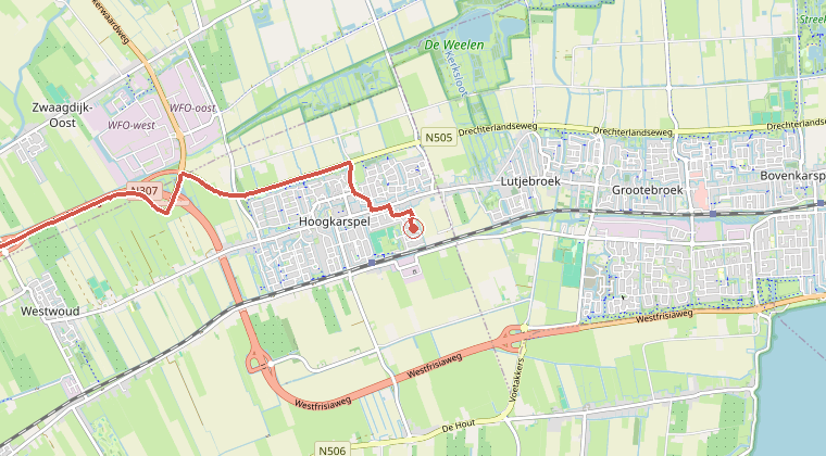 Kaart van de omgeving van de melding, met de kazerne die is gealarmeerd