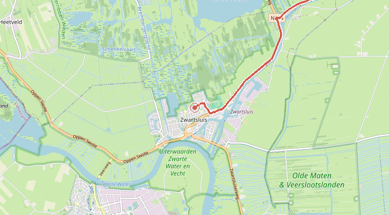 Kaart van de omgeving van de melding, met de kazerne die is gealarmeerd