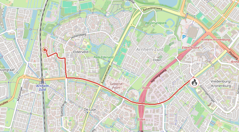 Kaart van de omgeving van de melding, met de kazerne die is gealarmeerd