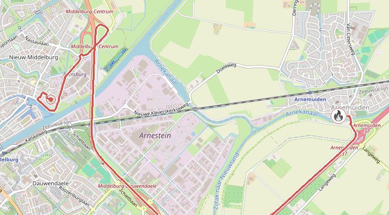 Kaart van de omgeving van de melding, met de kazerne die is gealarmeerd