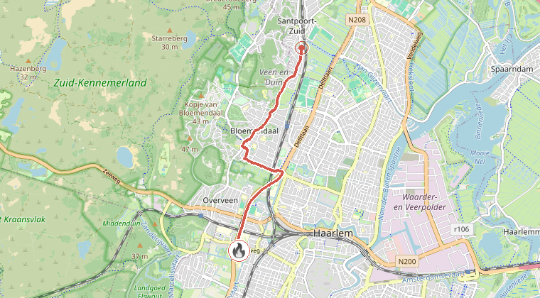 Kaart van de omgeving van de melding, met de kazerne die is gealarmeerd