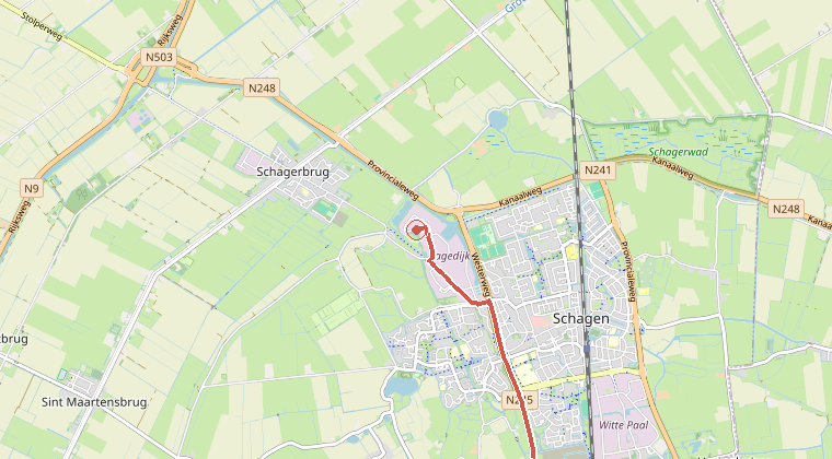 Kaart van de omgeving van de melding, met de kazerne die is gealarmeerd