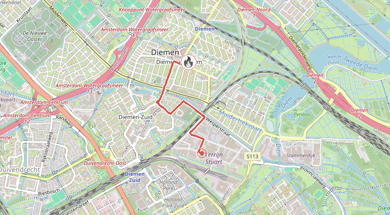 Kaart van de omgeving van de melding, met de kazerne die is gealarmeerd
