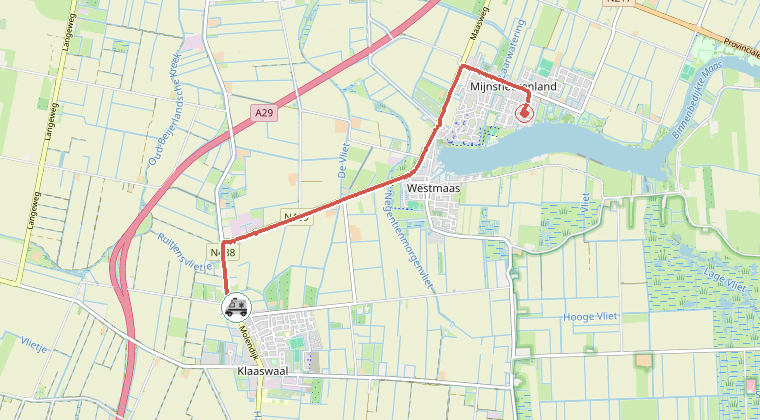 Kaart van de omgeving van de melding, met de kazerne die is gealarmeerd
