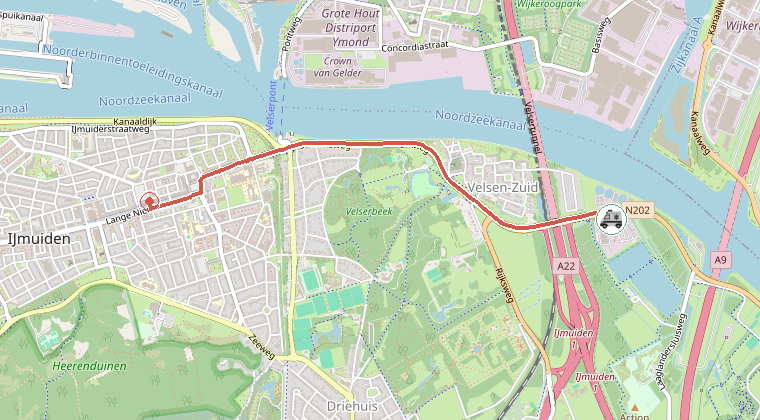 Kaart van de omgeving van de melding, met de kazerne die is gealarmeerd