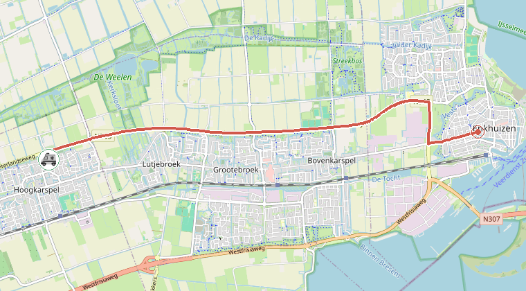 Kaart van de omgeving van de melding, met de kazerne die is gealarmeerd
