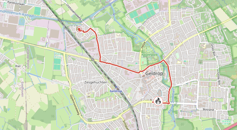 Kaart van de omgeving van de melding, met de kazerne die is gealarmeerd