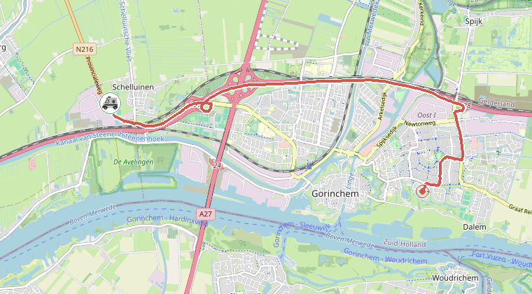 Kaart van de omgeving van de melding, met de kazerne die is gealarmeerd