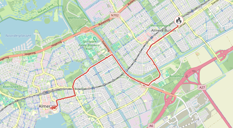 Kaart van de omgeving van de melding, met de kazerne die is gealarmeerd