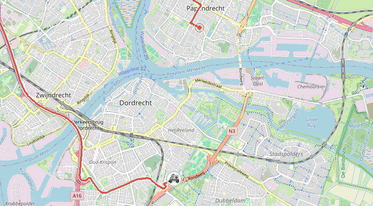 Kaart van de omgeving van de melding, met de kazerne die is gealarmeerd