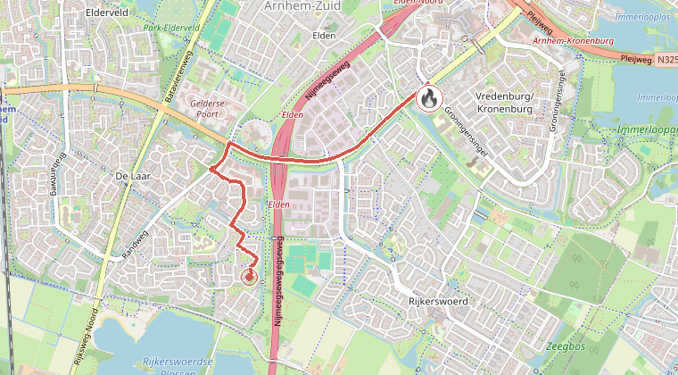 Kaart van de omgeving van de melding, met de kazerne die is gealarmeerd