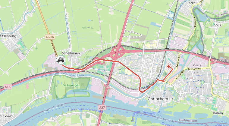 Kaart van de omgeving van de melding, met de kazerne die is gealarmeerd