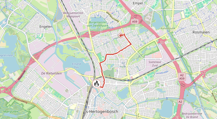 Kaart van de omgeving van de melding, met de kazerne die is gealarmeerd
