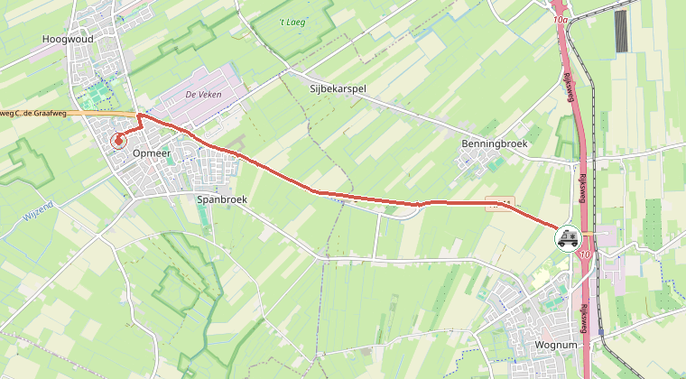 Kaart van de omgeving van de melding, met de kazerne die is gealarmeerd