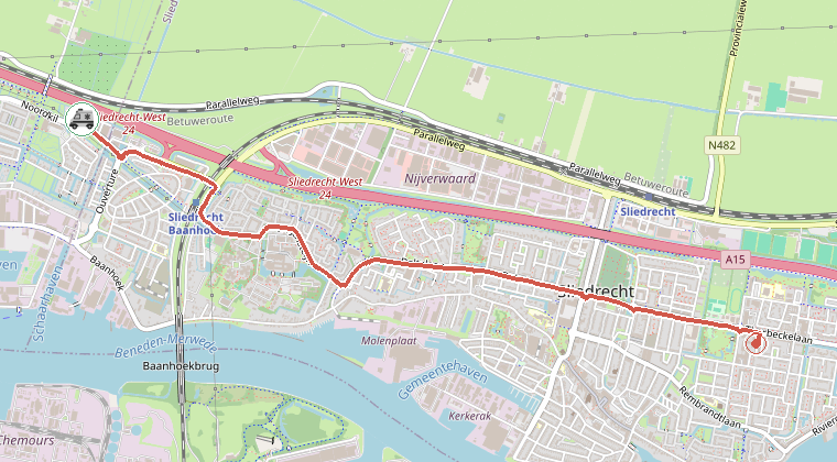 Kaart van de omgeving van de melding, met de kazerne die is gealarmeerd