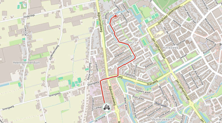 Kaart van de omgeving van de melding, met de kazerne die is gealarmeerd