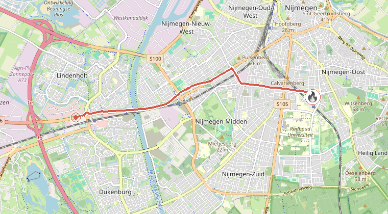 Kaart van de omgeving van de melding, met de kazerne die is gealarmeerd