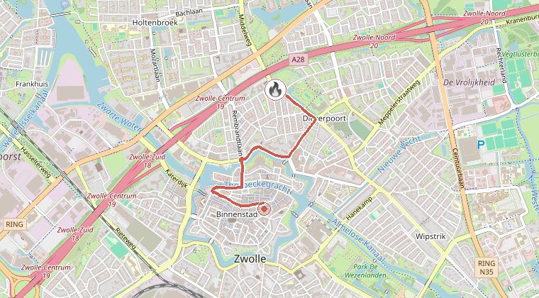 Kaart van de omgeving van de melding, met de kazerne die is gealarmeerd