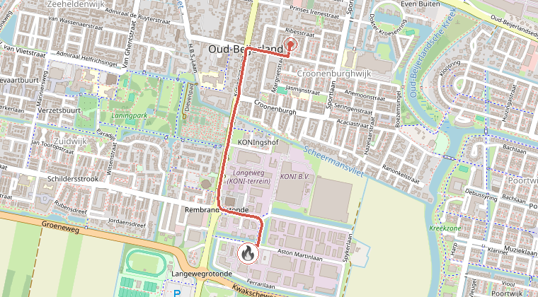 Kaart van de omgeving van de melding, met de kazerne die is gealarmeerd
