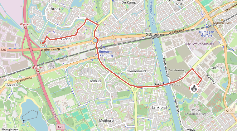 Kaart van de omgeving van de melding, met de kazerne die is gealarmeerd