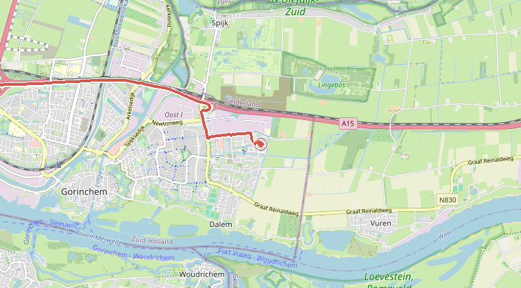 Kaart van de omgeving van de melding, met de kazerne die is gealarmeerd