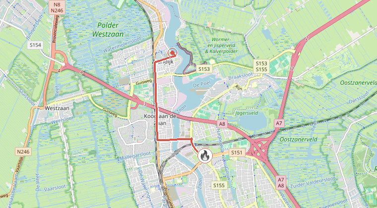 Kaart van de omgeving van de melding, met de kazerne die is gealarmeerd