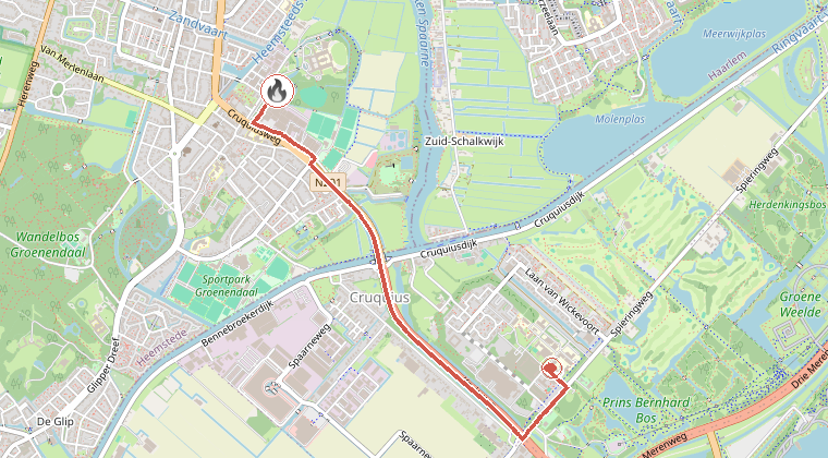 Kaart van de omgeving van de melding, met de kazerne die is gealarmeerd