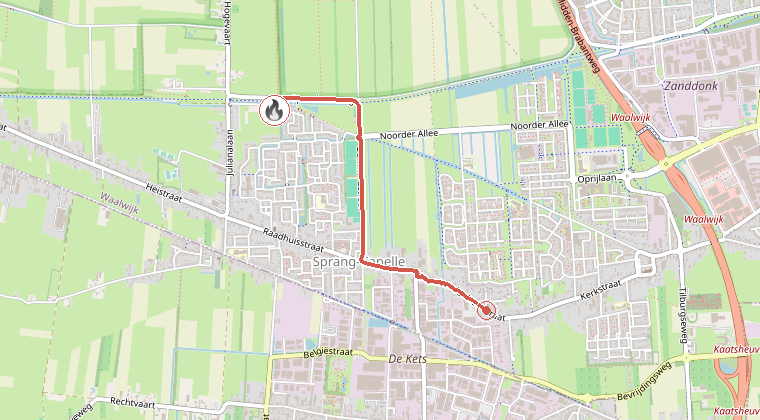 Kaart van de omgeving van de melding, met de kazerne die is gealarmeerd