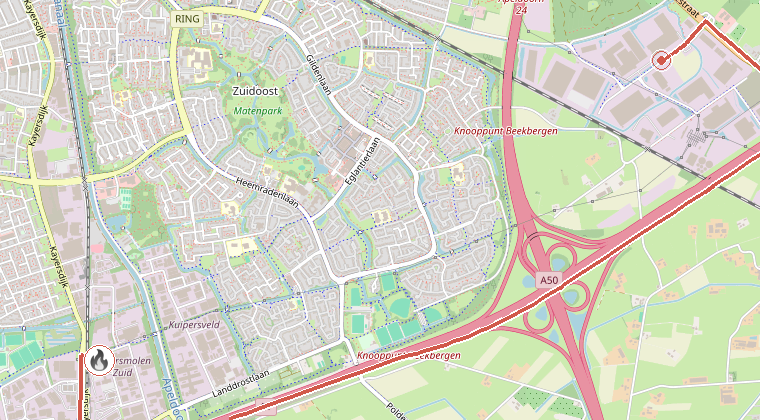 Kaart van de omgeving van de melding, met de kazerne die is gealarmeerd