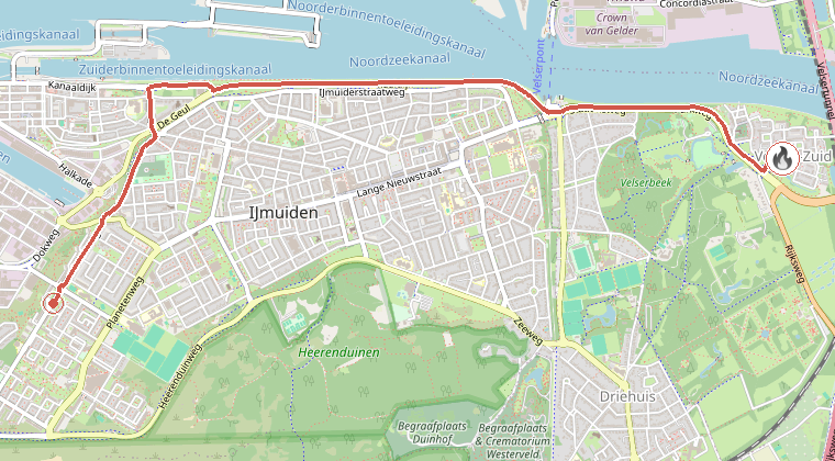 Kaart van de omgeving van de melding, met de kazerne die is gealarmeerd