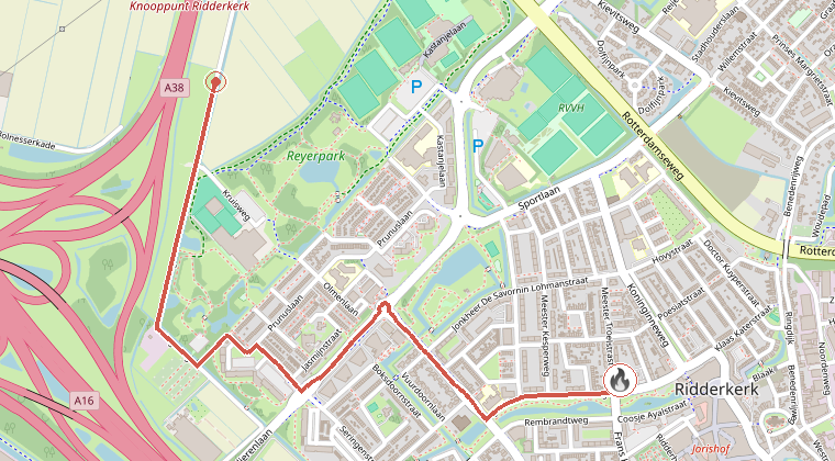 Kaart van de omgeving van de melding, met de kazerne die is gealarmeerd