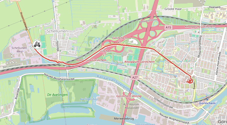 Kaart van de omgeving van de melding, met de kazerne die is gealarmeerd