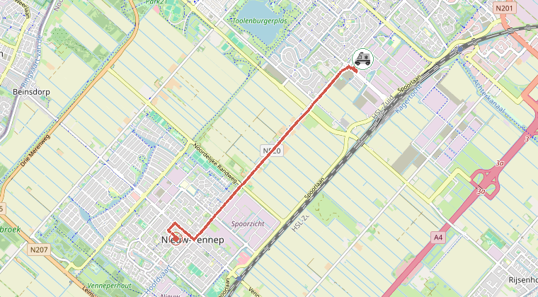 Kaart van de omgeving van de melding, met de kazerne die is gealarmeerd