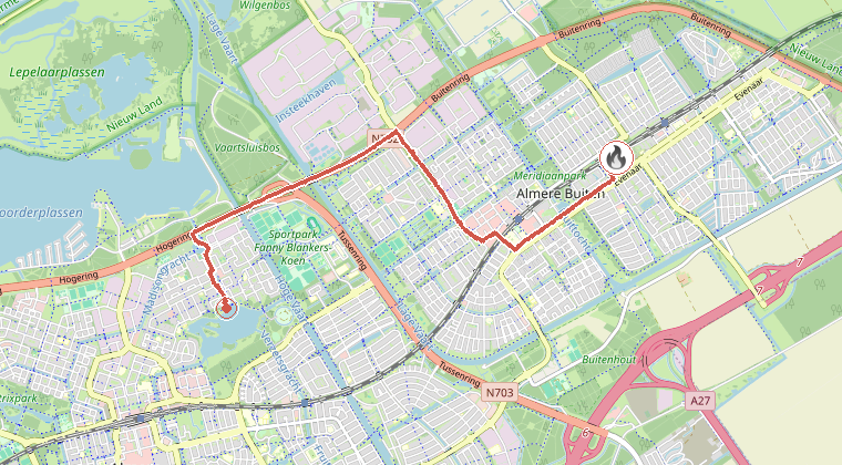 Kaart van de omgeving van de melding, met de kazerne die is gealarmeerd