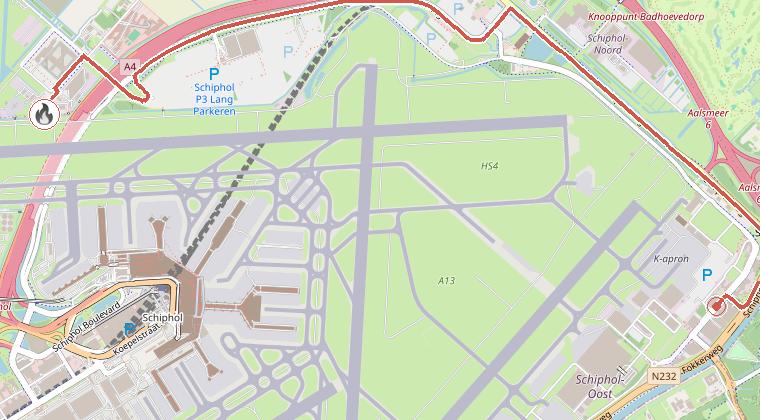 Kaart van de omgeving van de melding, met de kazerne die is gealarmeerd
