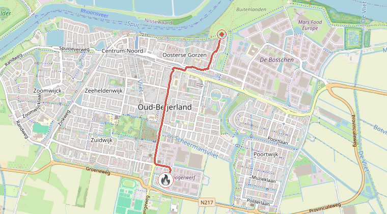 Kaart van de omgeving van de melding, met de kazerne die is gealarmeerd