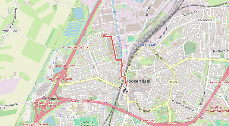 Kaart van de omgeving van de melding, met de kazerne die is gealarmeerd