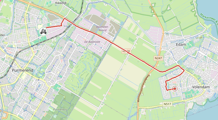 Kaart van de omgeving van de melding, met de kazerne die is gealarmeerd