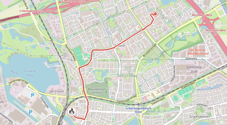 Kaart van de omgeving van de melding, met de kazerne die is gealarmeerd