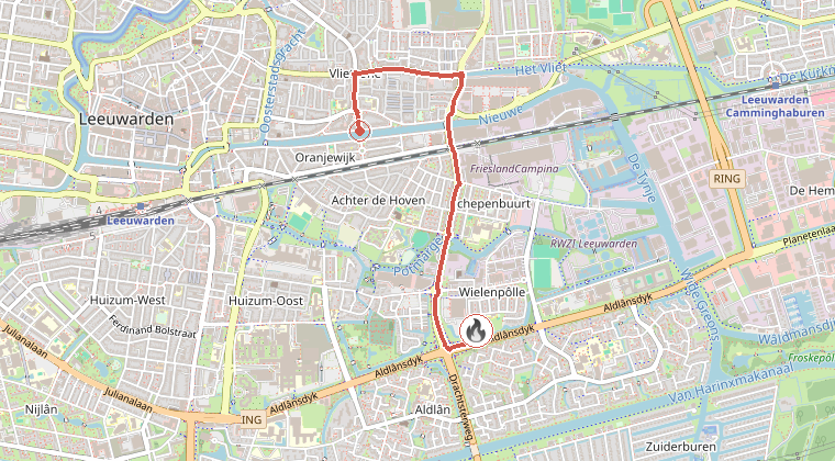 Kaart van de omgeving van de melding, met de kazerne die is gealarmeerd