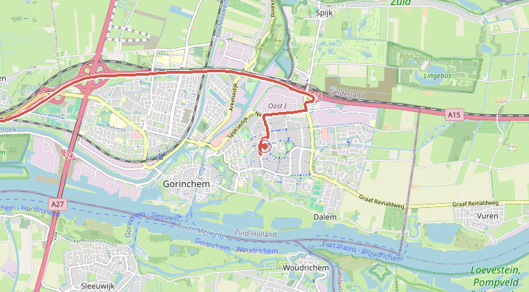Kaart van de omgeving van de melding, met de kazerne die is gealarmeerd